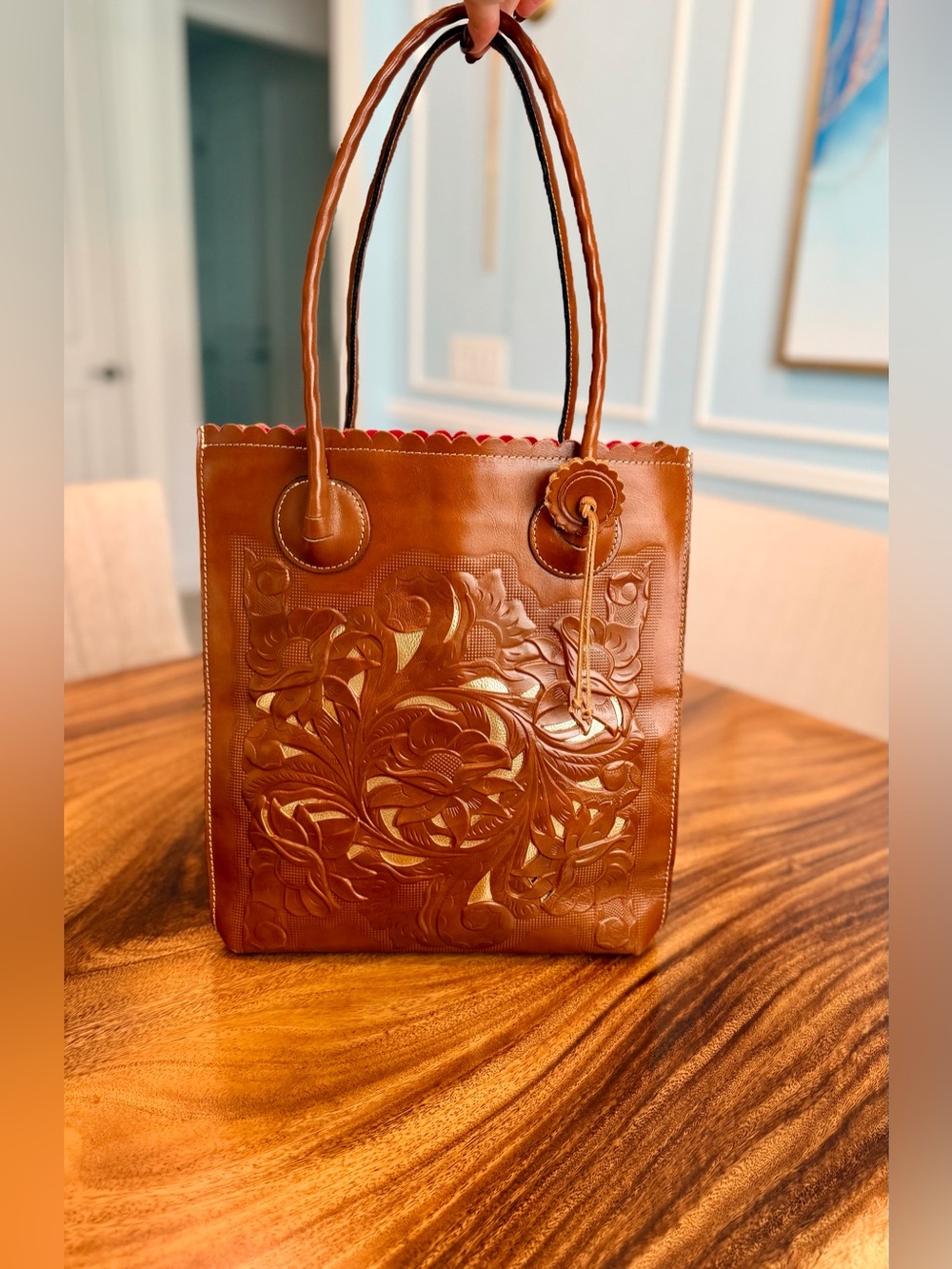 Patricia Nash Tooled Leather Floral Cutout Shopper. Gold Leather Underlay. GUC - Picture 4 of 17